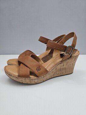 Born Alaina Wedge Sandal Womens 11 Tan Leather Cork Platform Comfort Summer NEW